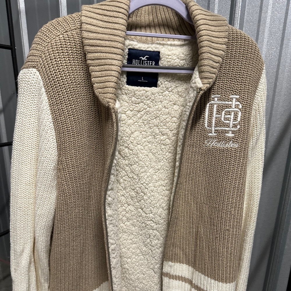Hollister Monogram Logo Sherpa Lined Shawl Collar Full-Zip Knit Cardigan
